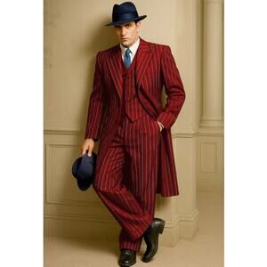 Alberto Nardoni Mens Red Pinstripe Suit Classic Long Coat Style Size 38/32